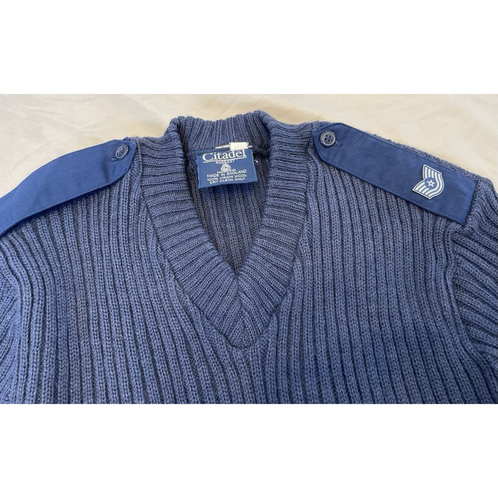 Citadel Sweater Mens 46 Blue Virgin Wool V-Neck Elbow Patch Ribbed Knit Military